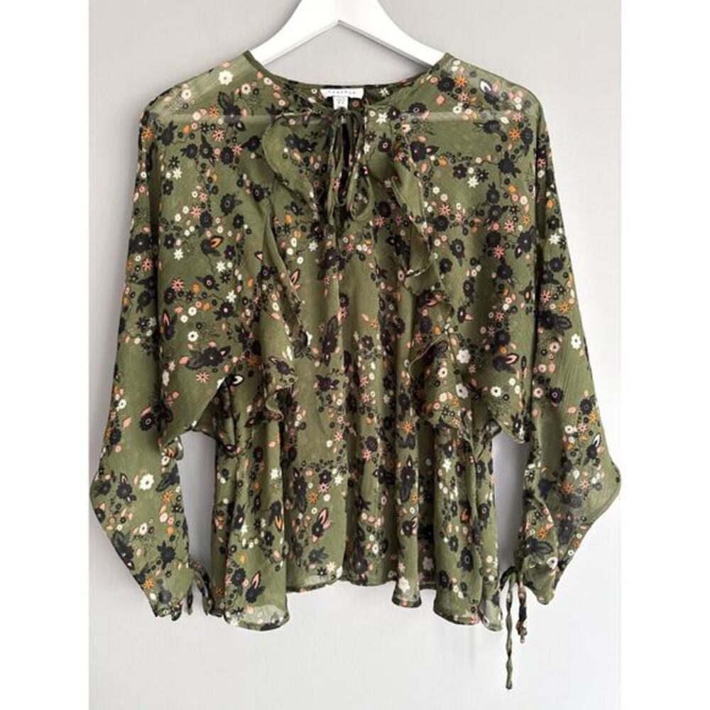 Topshop Women's US 12 Olive Green Floral Ruffle Blouse Tie Neck Chiffon Sheer